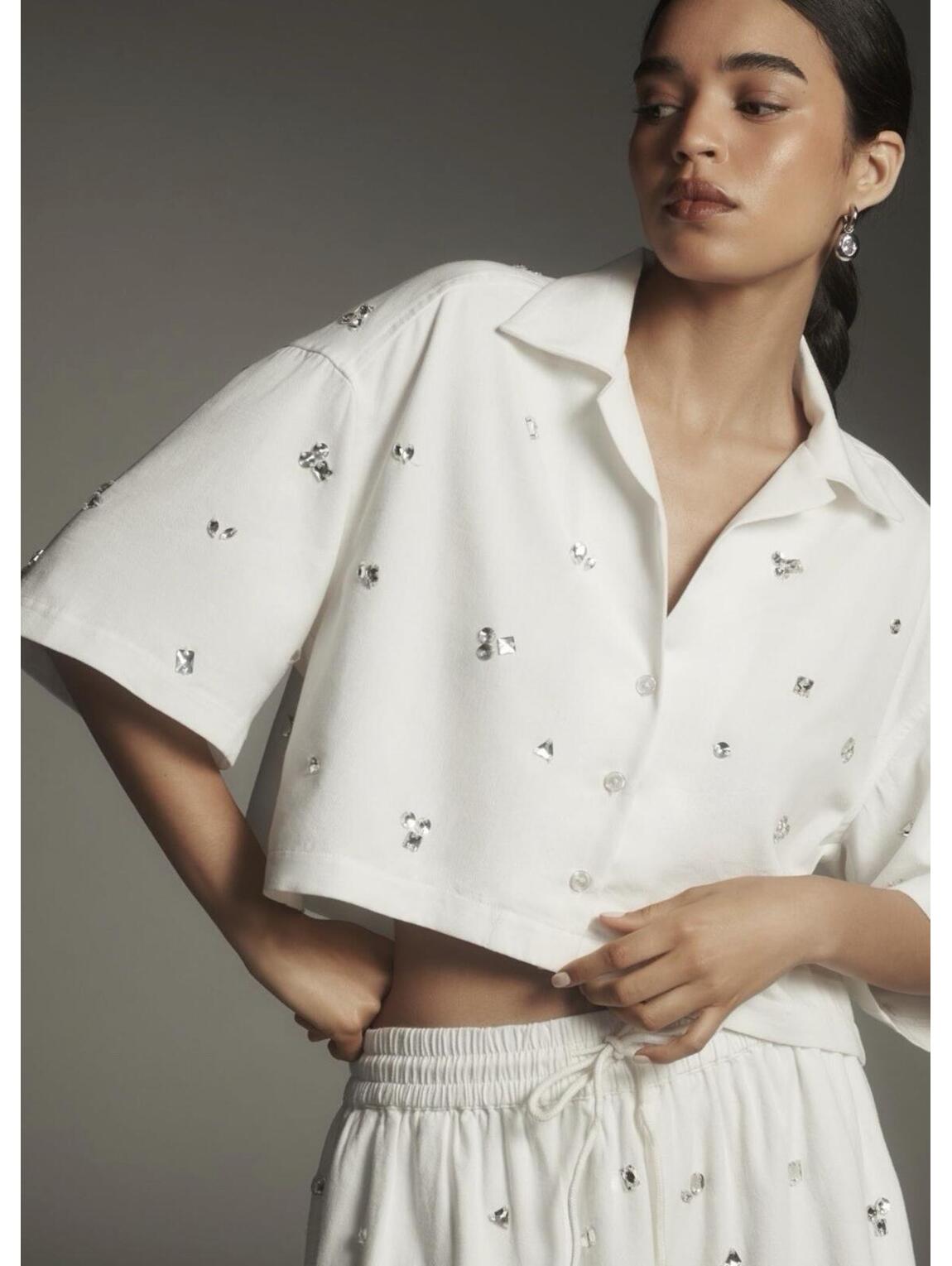 Nwt Anthropologie Maeve Crystal Embellished Crop Jacket White Xl